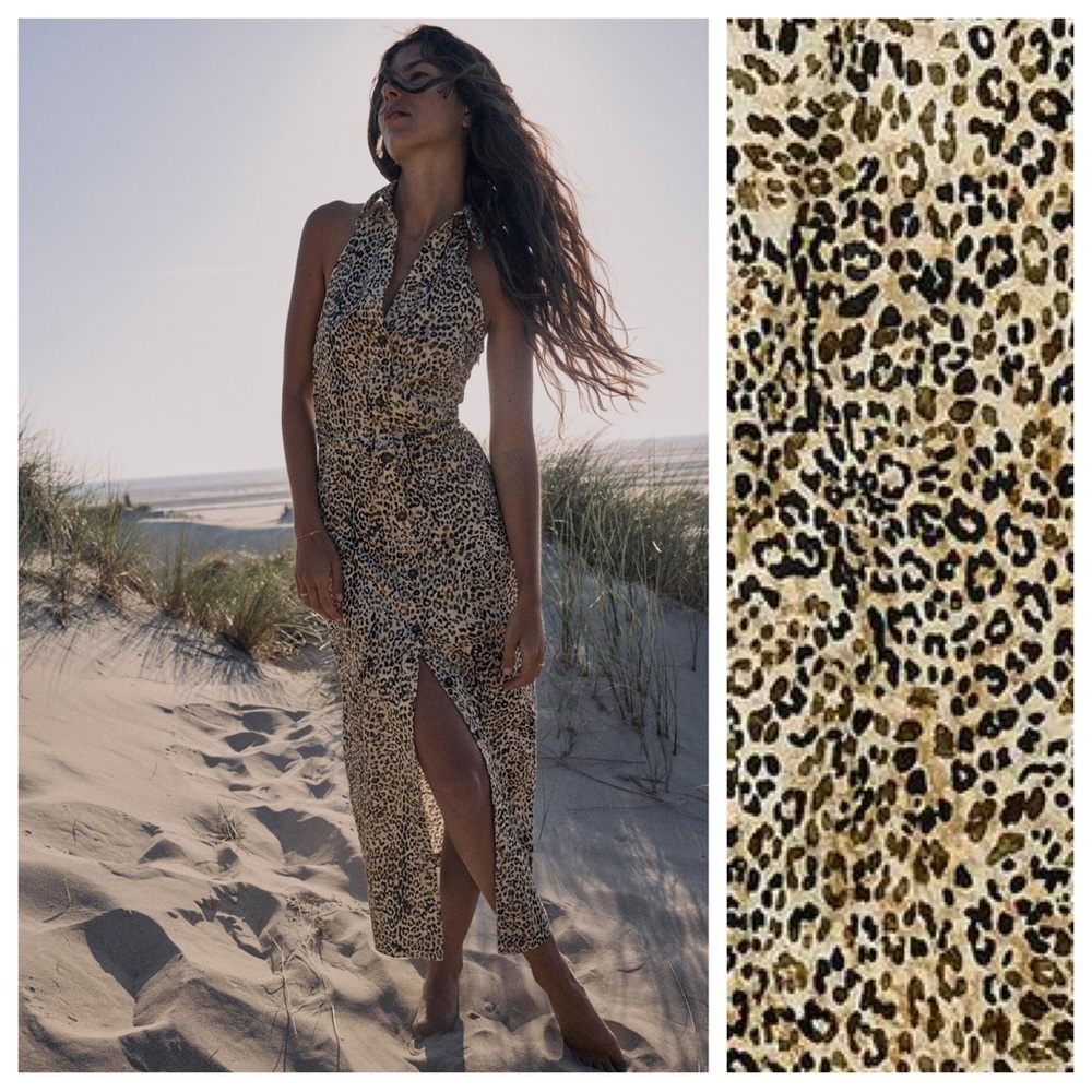 NWT. Zara Leopard/Animal Print Linen Blend Halter Neck Midi Shirt Dress  Size XL